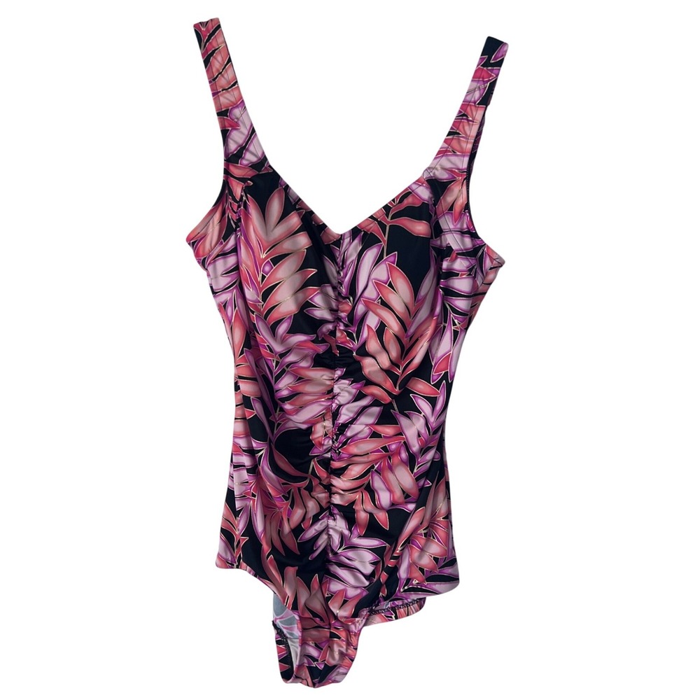 Maxine of Hollywood Pink Tropical‎ Leaf Ruched One Piece Swimsuit Size 18